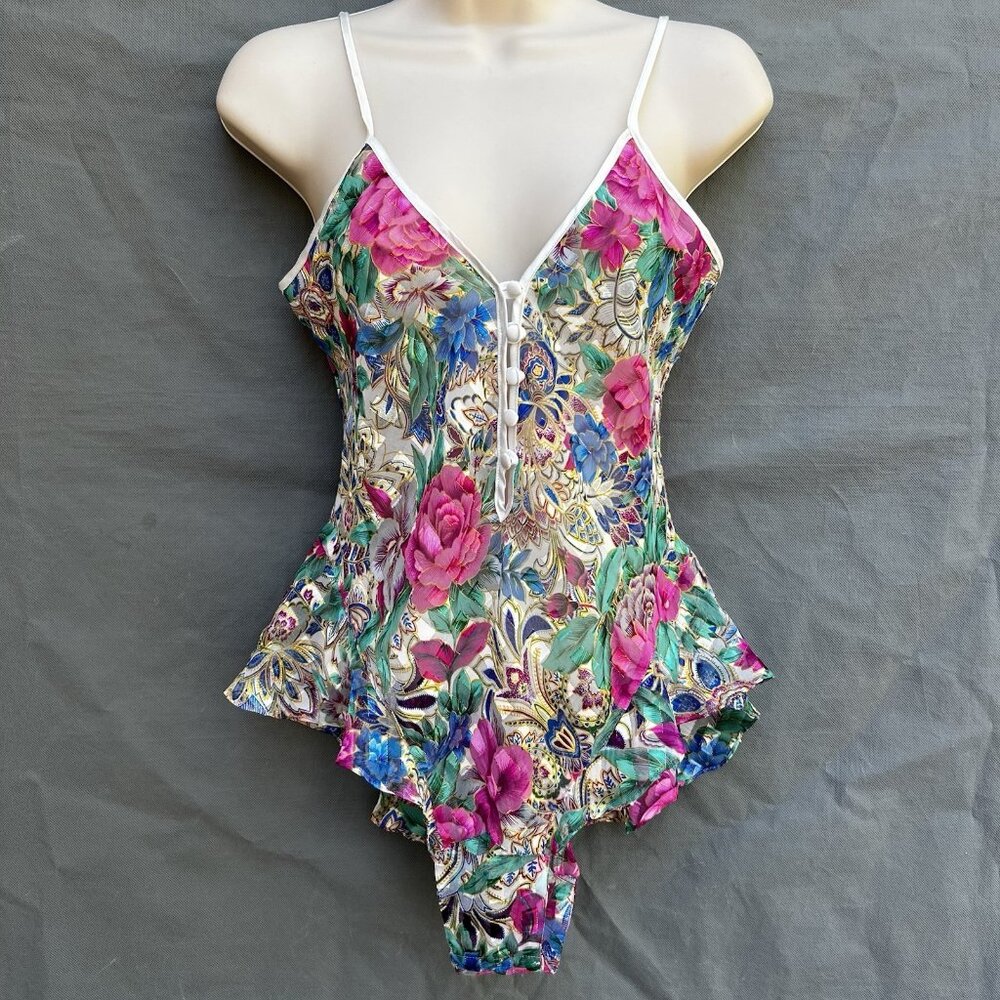 VTG Victoria's Secret Metallic Ruffle Floral Bodysuit Size P Lingerie Colorful